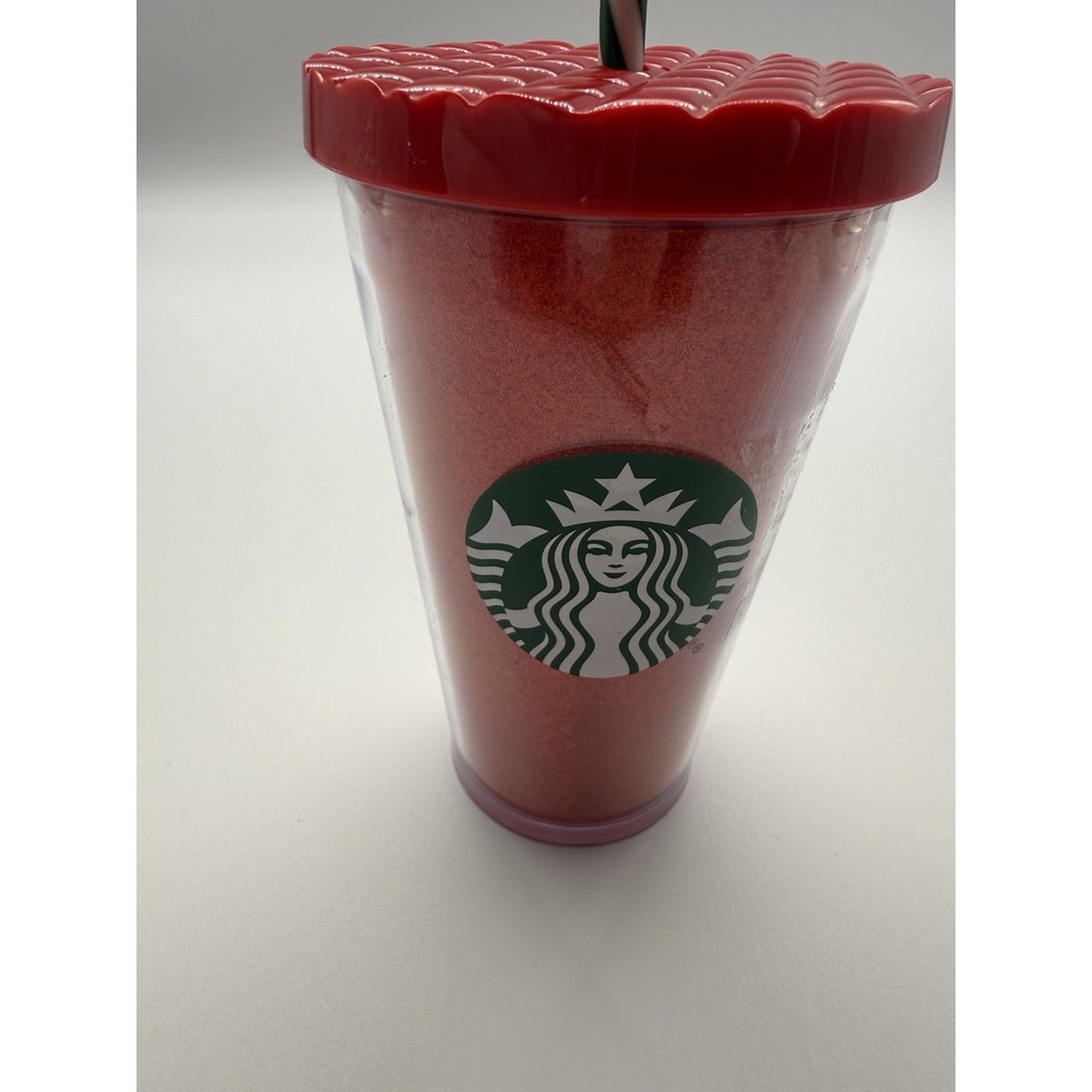 Starbucks Red Glitter Christmas Tumbler BPA free Green Stripe Straw 16 oz - Picture 11 of 11